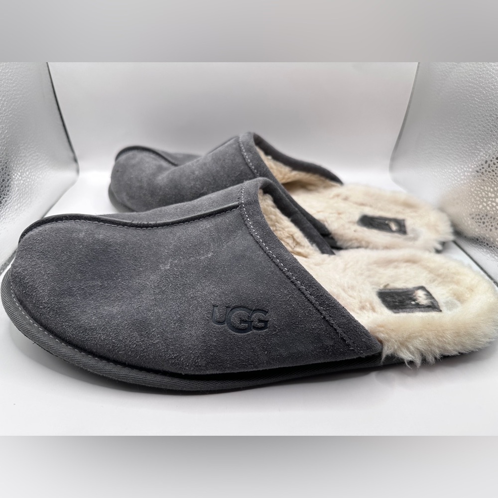 UGG MENS SCUFF SUEDE SLIPPERS Size 14 Gray Sheepskin Lined Slip On